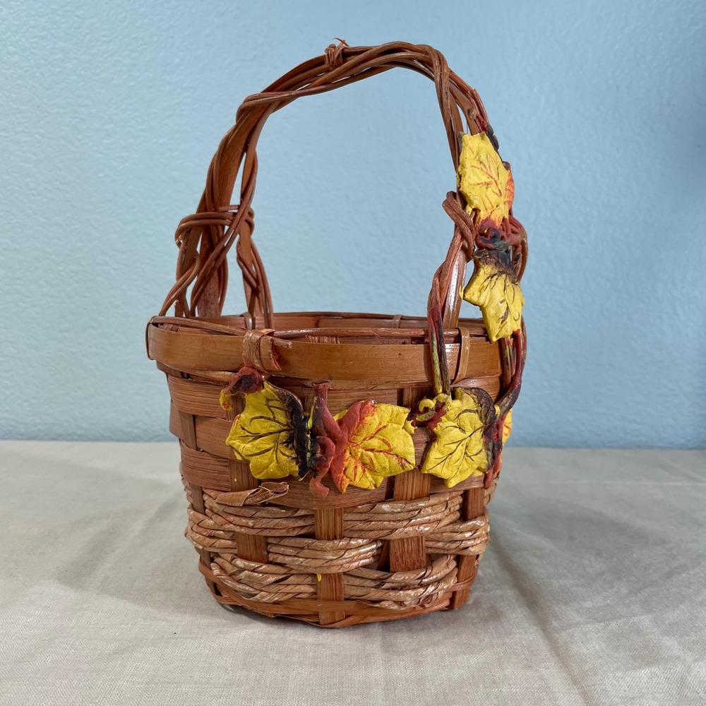 Vintage Fall Basket with Autumn Leaves and Acorns Cottage Decor